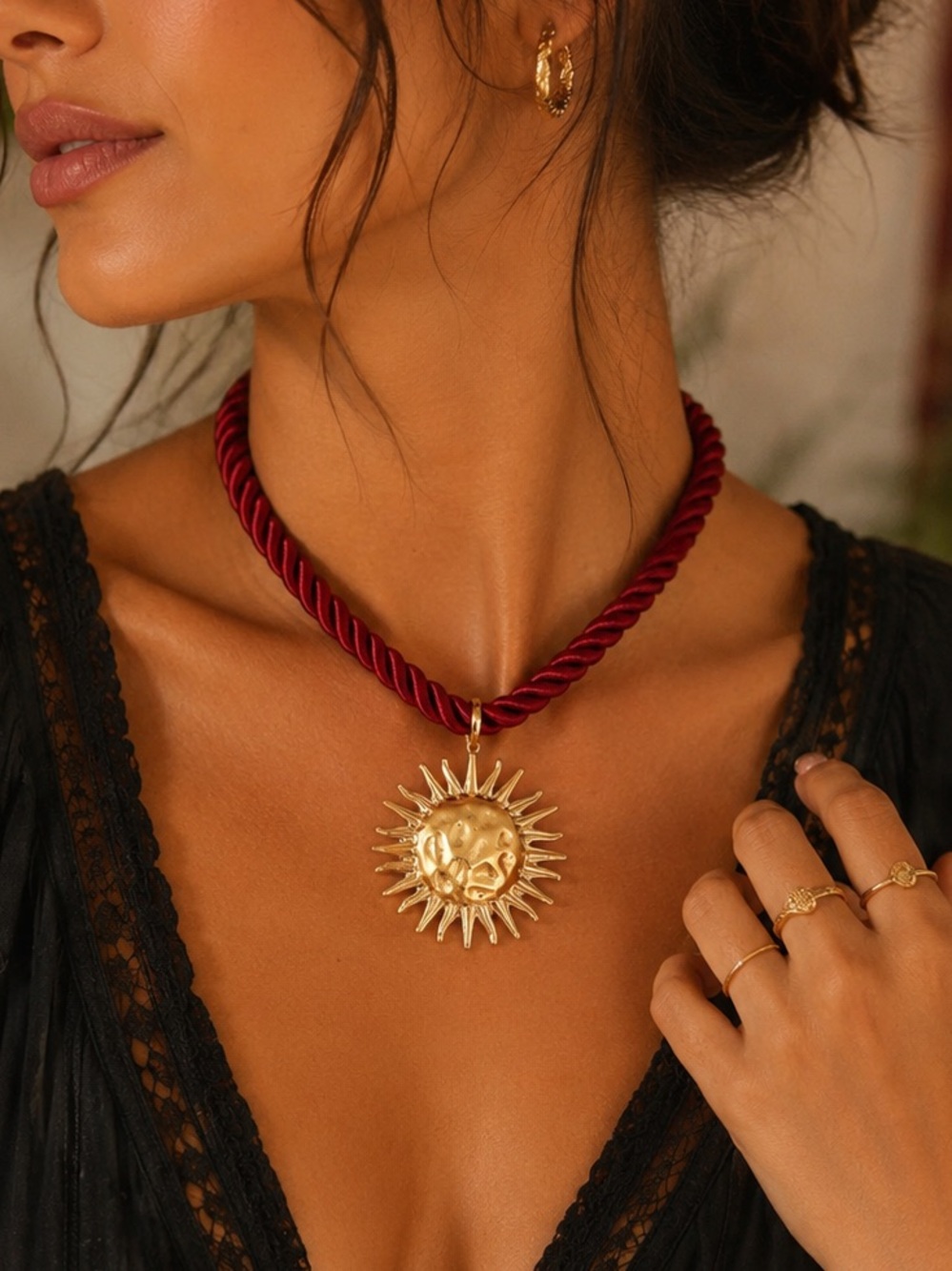 Gold Sun Pendant Necklace on Burgundy Cord - Boho Women Jewelry